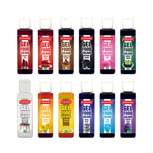 Puramio Gel Food Colour Combo Pack of 12 (30g Each) - Vibrant Red, Super Red, Buckeye Brown, Intense Black, Vibrant Pink, Forest Green, Vibrant White, Golden Yellow, Lemon Yellow, Royal Blue, Sky Blue, Vibrant Voilet