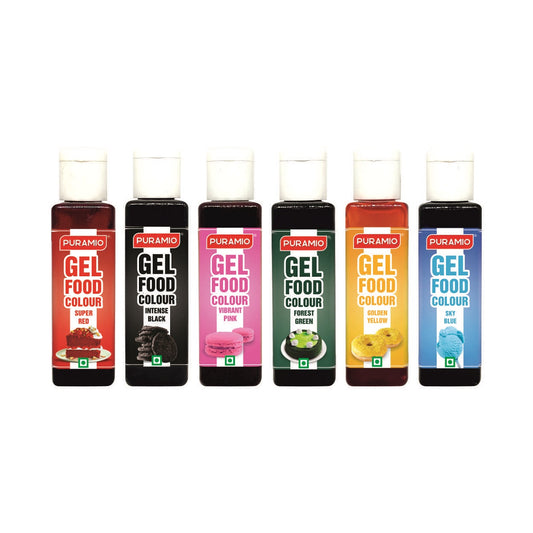 Puramio Gel Food Colour Combo Pack of 6 (30g Each) - Super Red, Intense Black, Vibrant Pink, Forest Green, Golden Yellow, Sky Blue