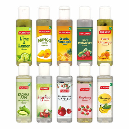 PURAMIO Concentrated Fruit Flavours, 30ml (Pack of 10)- Lime & Lemon, Mango Magic, Splashy Pineapple, Juicy Strawberry, Tangy Orange, Kachha Aam, Lychee, Apple, Raspberry, Banana