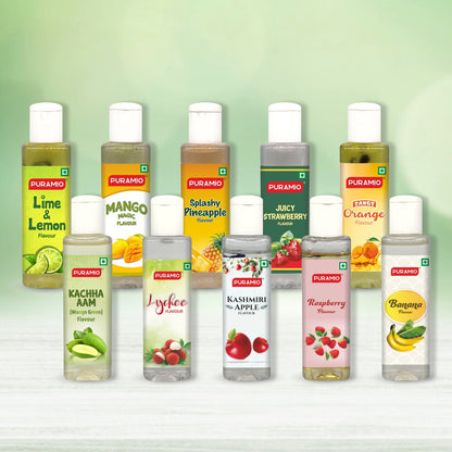 PURAMIO Concentrated Fruit Flavours, 30ml (Pack of 10)- Lime & Lemon, Mango Magic, Splashy Pineapple, Juicy Strawberry, Tangy Orange, Kachha Aam, Lychee, Apple, Raspberry, Banana