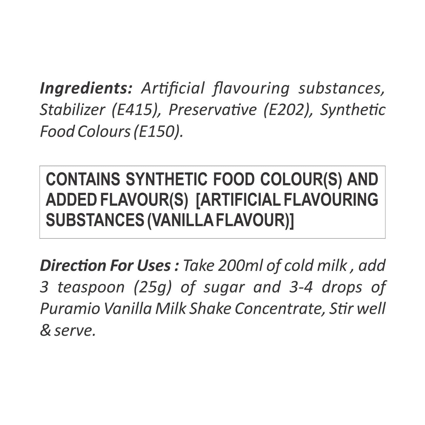 Puramio Milk Shake Mix | Concentrate - [For Milk Shakes/Mocktails/Flavoured Juices], (Vanilla)