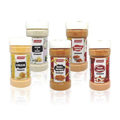 Puramio Seasoning Combo Pack of 5- Tangy Tomato Seasoning, Sundried Tomato Seasoning, Magic Masala Seasoning, Cream & Onion Seasoning & Cheese Seasoning, 125g Each