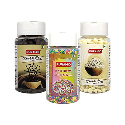 Puramio Cake Topping Combo, 75g Each (Pack of 3)- Dark Choco Chips + White Choco Chips & Rainbow Sprinkle