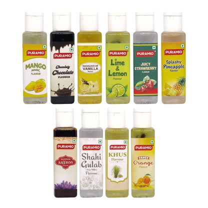 Puramio Liquid Food Concentrated Flavours (Pack of 10-30ml), (Vanilla, Rose, Pineapple, Orange, Lemon, KHUS, Saffron, Strawberry, Mango, Chocolate)