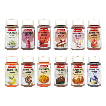 Puramio Powder Food Colour Combo of 12 - 125gm - Apple Green, Blue, Caramelene, Chocolate Brown, Saffron, Cola, Lemon Yellow, Orange Red, Pink, Raspberry Red, Tomato Red, Vino