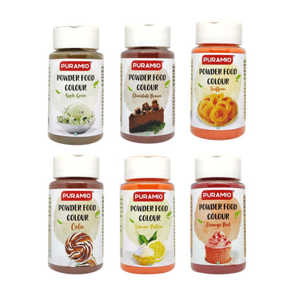 Puramio Powder Food Colour Combo of 6 [125g Each] - Apple Green, Chocolate Brown, Saffron (Kesari), Cola, Lemon Yellow, Orange Red