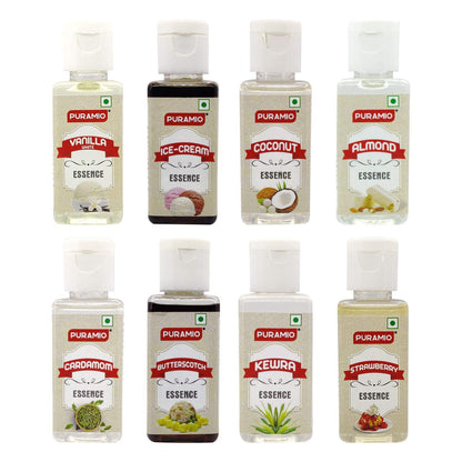 Puramio Culinary Liquid Food Essence, 50ml Each, Pack of 8 - Vanilla White, Cardamom, Butterscotch, KEWRA, Strawberry, Almond, Coconut, ICE Cream